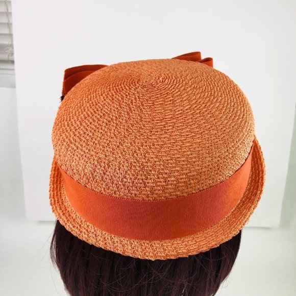 Vintage 1950s Orange Big Bow Strap Cap Pillbox Fascinator Hat Headwear Costume